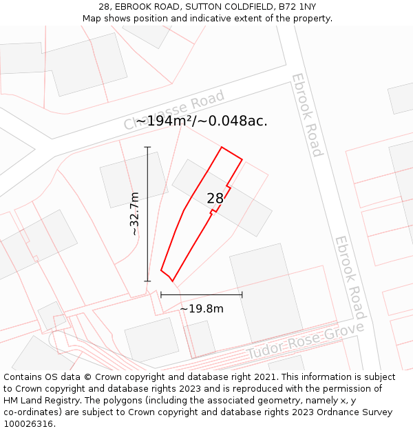 28, EBROOK ROAD, SUTTON COLDFIELD, B72 1NY: Plot and title map