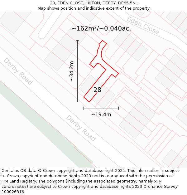 28, EDEN CLOSE, HILTON, DERBY, DE65 5NL: Plot and title map