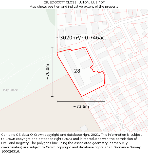 28, EDGCOTT CLOSE, LUTON, LU3 4DT: Plot and title map