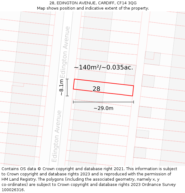 28, EDINGTON AVENUE, CARDIFF, CF14 3QG: Plot and title map