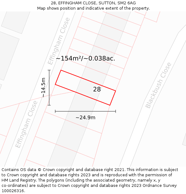 28, EFFINGHAM CLOSE, SUTTON, SM2 6AG: Plot and title map
