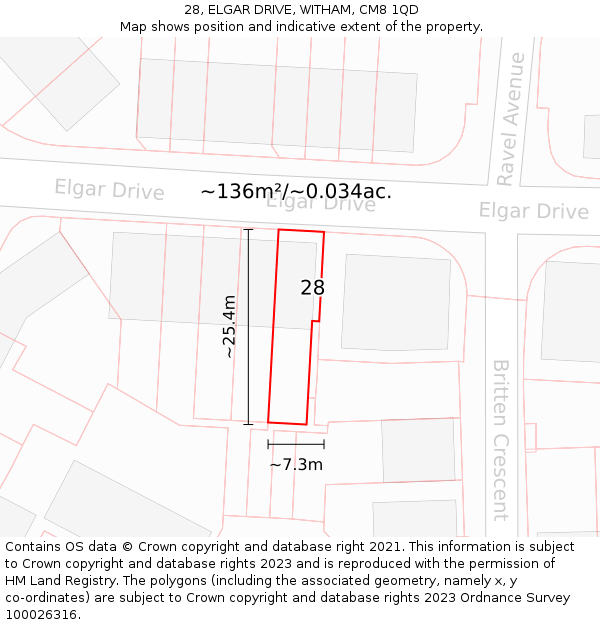 28, ELGAR DRIVE, WITHAM, CM8 1QD: Plot and title map