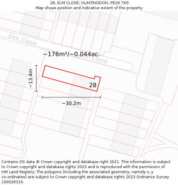 28, ELM CLOSE, HUNTINGDON, PE29 7AS: Plot and title map