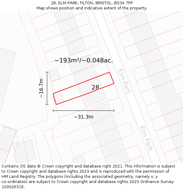 28, ELM PARK, FILTON, BRISTOL, BS34 7PP: Plot and title map