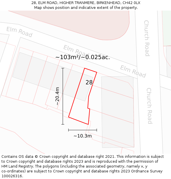 28, ELM ROAD, HIGHER TRANMERE, BIRKENHEAD, CH42 0LX: Plot and title map
