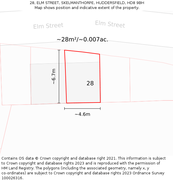 28, ELM STREET, SKELMANTHORPE, HUDDERSFIELD, HD8 9BH: Plot and title map
