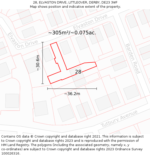 28, ELVASTON DRIVE, LITTLEOVER, DERBY, DE23 3WF: Plot and title map