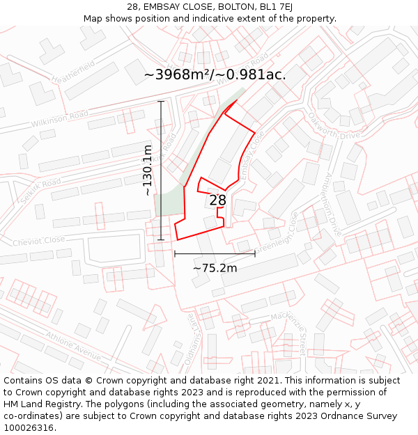 28, EMBSAY CLOSE, BOLTON, BL1 7EJ: Plot and title map