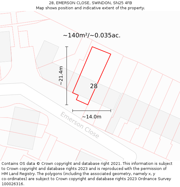 28, EMERSON CLOSE, SWINDON, SN25 4FB: Plot and title map