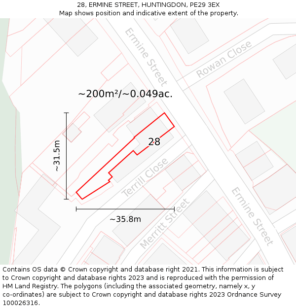 28, ERMINE STREET, HUNTINGDON, PE29 3EX: Plot and title map