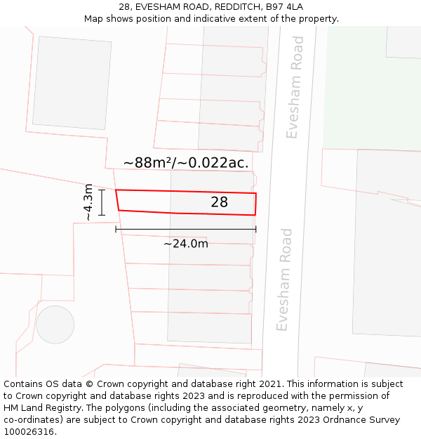28, EVESHAM ROAD, REDDITCH, B97 4LA: Plot and title map