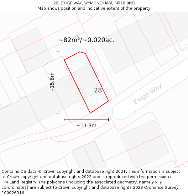 28, EXIGE WAY, WYMONDHAM, NR18 9ND: Plot and title map