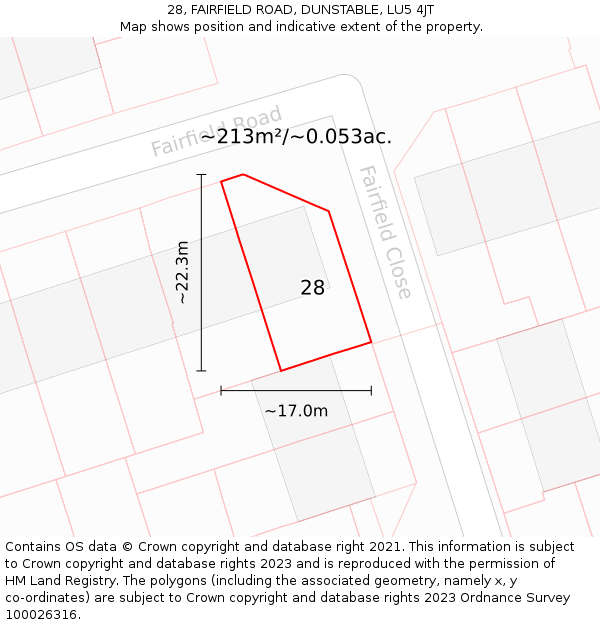 28, FAIRFIELD ROAD, DUNSTABLE, LU5 4JT: Plot and title map