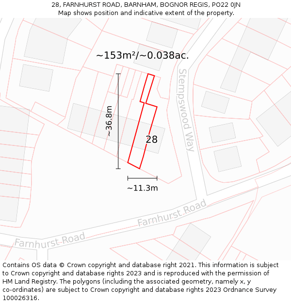 28, FARNHURST ROAD, BARNHAM, BOGNOR REGIS, PO22 0JN: Plot and title map
