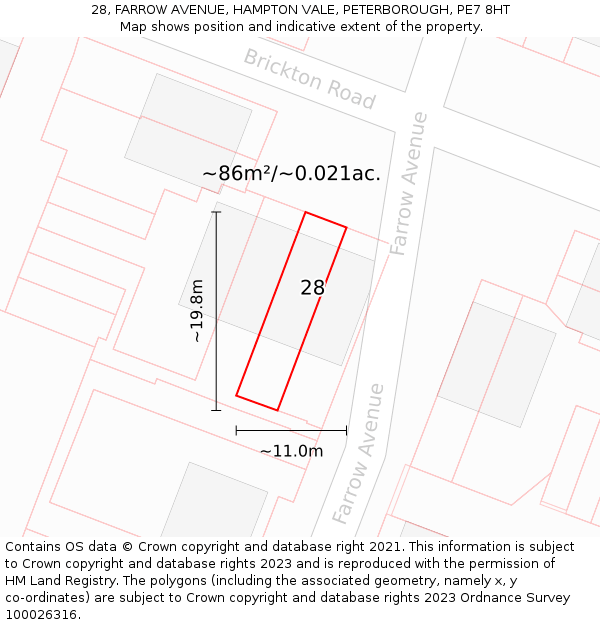 28, FARROW AVENUE, HAMPTON VALE, PETERBOROUGH, PE7 8HT: Plot and title map