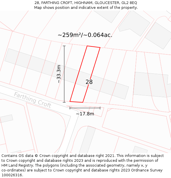 28, FARTHING CROFT, HIGHNAM, GLOUCESTER, GL2 8EQ: Plot and title map