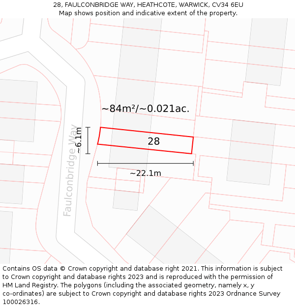 28, FAULCONBRIDGE WAY, HEATHCOTE, WARWICK, CV34 6EU: Plot and title map
