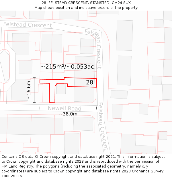 28, FELSTEAD CRESCENT, STANSTED, CM24 8UX: Plot and title map