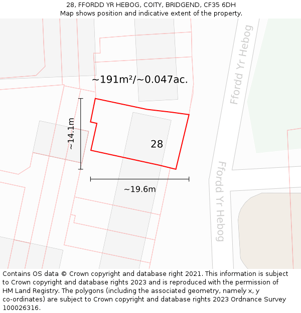 28, FFORDD YR HEBOG, COITY, BRIDGEND, CF35 6DH: Plot and title map