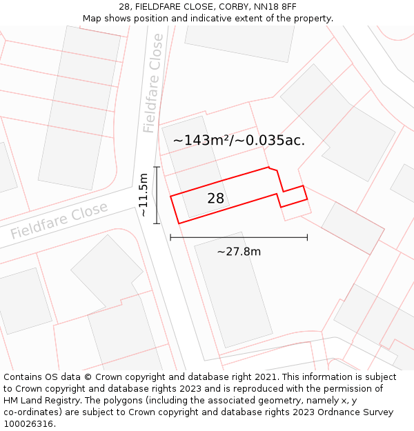 28, FIELDFARE CLOSE, CORBY, NN18 8FF: Plot and title map