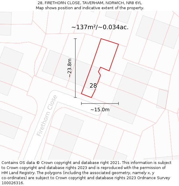 28, FIRETHORN CLOSE, TAVERHAM, NORWICH, NR8 6YL: Plot and title map