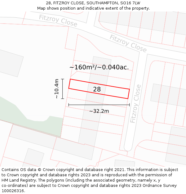 28, FITZROY CLOSE, SOUTHAMPTON, SO16 7LW: Plot and title map