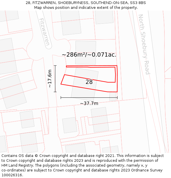 28, FITZWARREN, SHOEBURYNESS, SOUTHEND-ON-SEA, SS3 8BS: Plot and title map