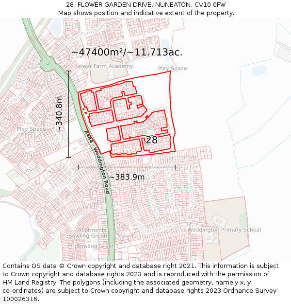 28, FLOWER GARDEN DRIVE, NUNEATON, CV10 0FW: Plot and title map