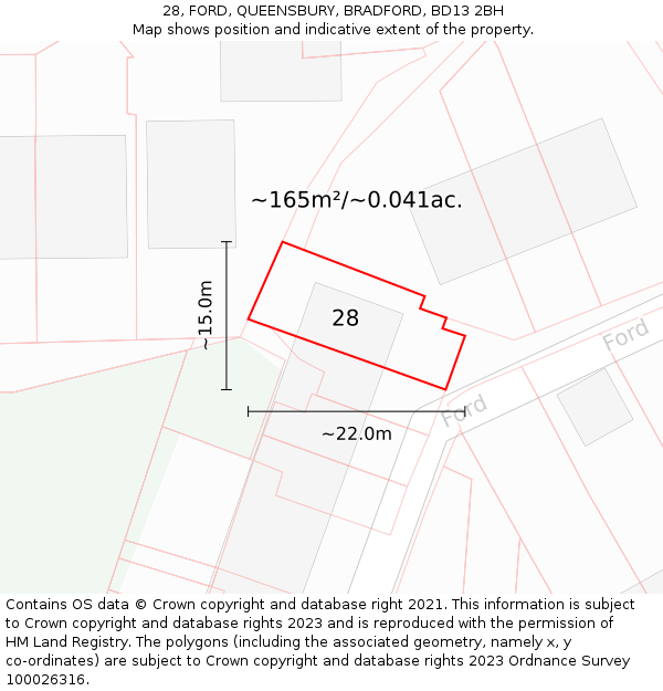 28, FORD, QUEENSBURY, BRADFORD, BD13 2BH: Plot and title map