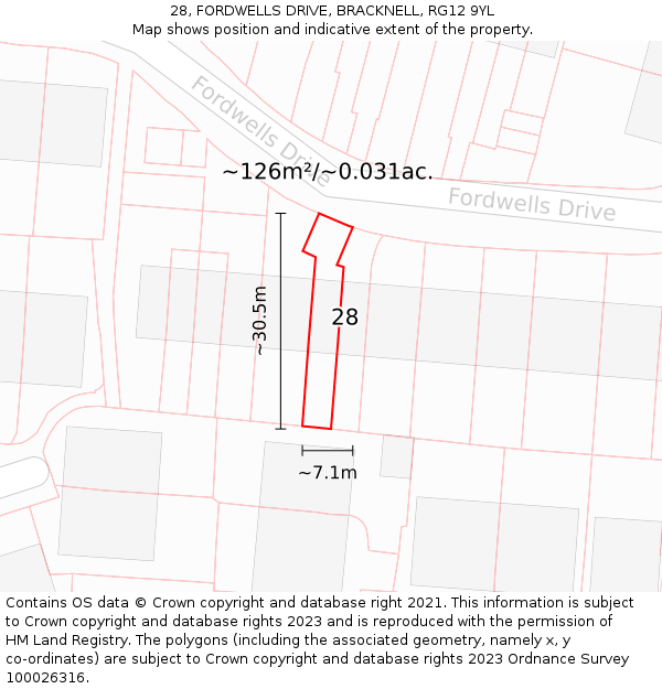 28, FORDWELLS DRIVE, BRACKNELL, RG12 9YL: Plot and title map