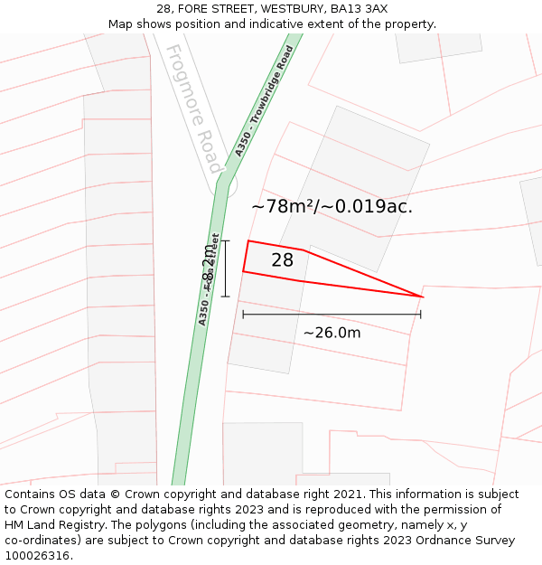 28, FORE STREET, WESTBURY, BA13 3AX: Plot and title map