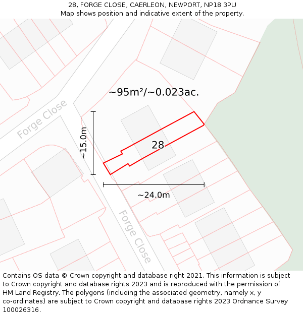 28, FORGE CLOSE, CAERLEON, NEWPORT, NP18 3PU: Plot and title map