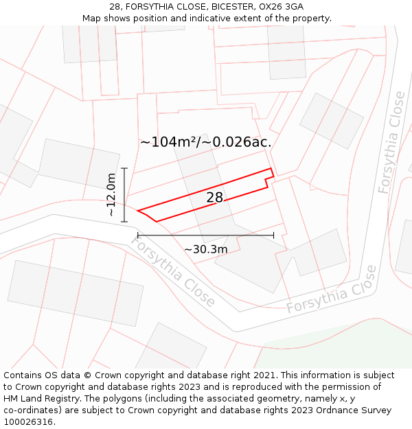 28, FORSYTHIA CLOSE, BICESTER, OX26 3GA: Plot and title map