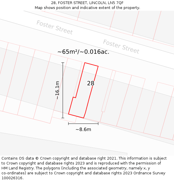 28, FOSTER STREET, LINCOLN, LN5 7QF: Plot and title map
