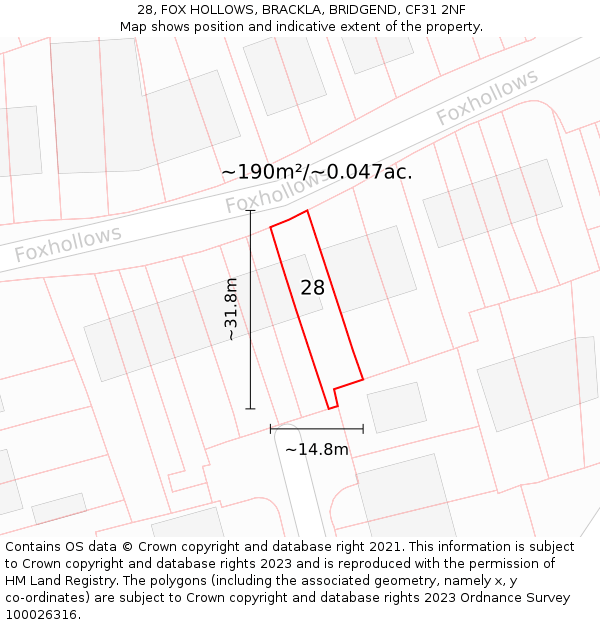 28, FOX HOLLOWS, BRACKLA, BRIDGEND, CF31 2NF: Plot and title map