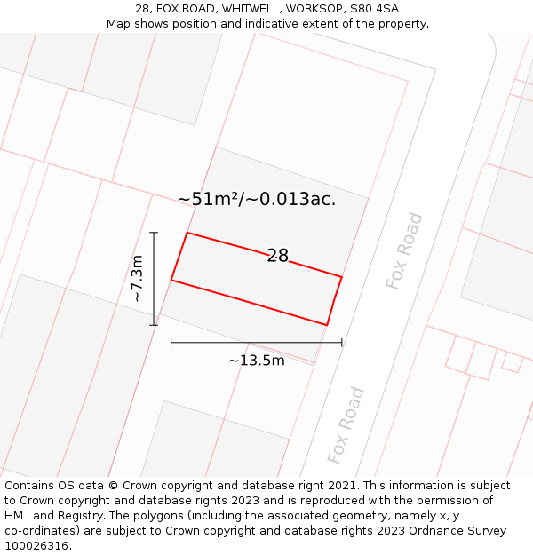 28, FOX ROAD, WHITWELL, WORKSOP, S80 4SA: Plot and title map