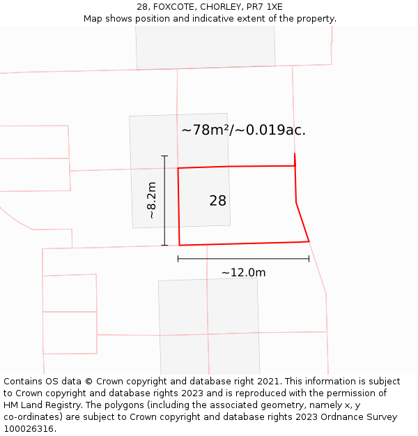 28, FOXCOTE, CHORLEY, PR7 1XE: Plot and title map