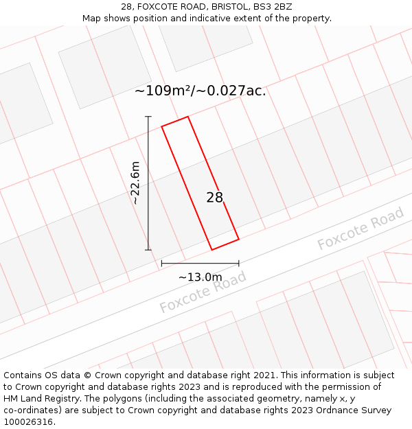 28, FOXCOTE ROAD, BRISTOL, BS3 2BZ: Plot and title map