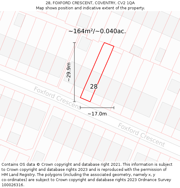 28, FOXFORD CRESCENT, COVENTRY, CV2 1QA: Plot and title map