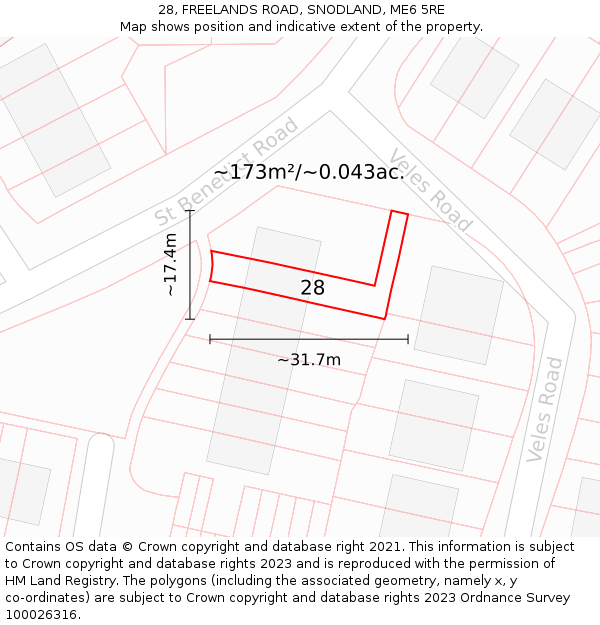 28, FREELANDS ROAD, SNODLAND, ME6 5RE: Plot and title map