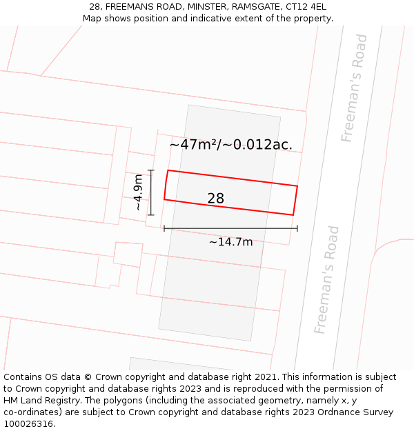 28, FREEMANS ROAD, MINSTER, RAMSGATE, CT12 4EL: Plot and title map