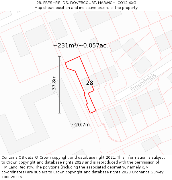 28, FRESHFIELDS, DOVERCOURT, HARWICH, CO12 4XG: Plot and title map