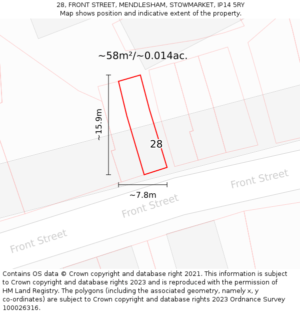 28, FRONT STREET, MENDLESHAM, STOWMARKET, IP14 5RY: Plot and title map