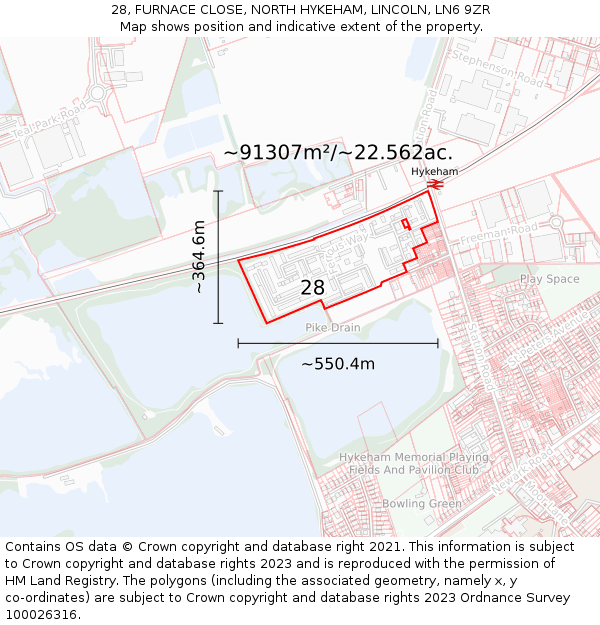 28, FURNACE CLOSE, NORTH HYKEHAM, LINCOLN, LN6 9ZR: Plot and title map