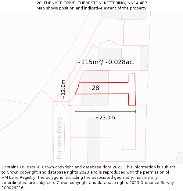28, FURNACE DRIVE, THRAPSTON, KETTERING, NN14 4RP: Plot and title map