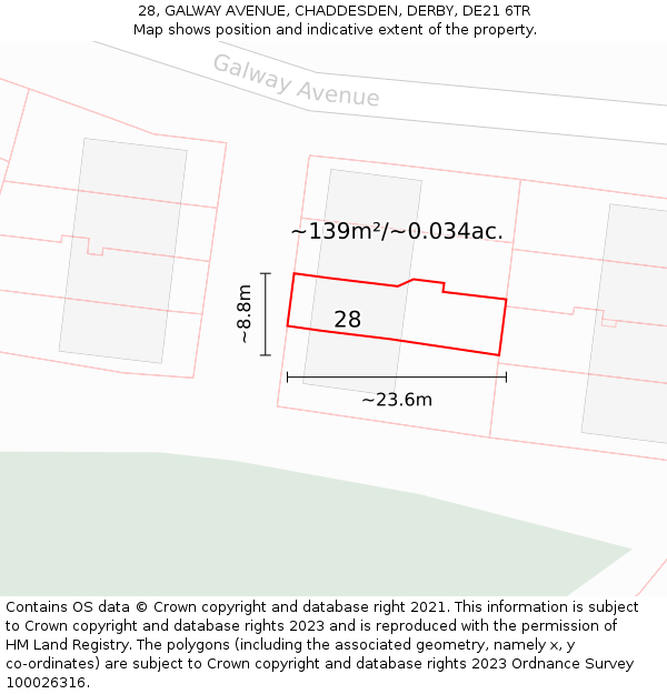 28, GALWAY AVENUE, CHADDESDEN, DERBY, DE21 6TR: Plot and title map