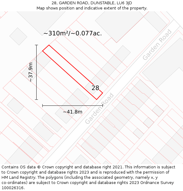 28, GARDEN ROAD, DUNSTABLE, LU6 3JD: Plot and title map