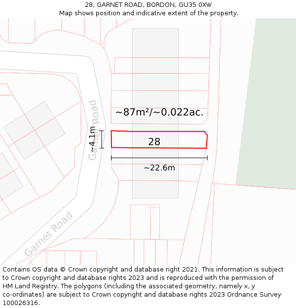 28, GARNET ROAD, BORDON, GU35 0XW: Plot and title map