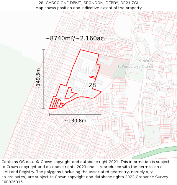 28, GASCOIGNE DRIVE, SPONDON, DERBY, DE21 7GL: Plot and title map