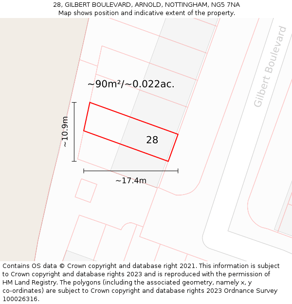 28, GILBERT BOULEVARD, ARNOLD, NOTTINGHAM, NG5 7NA: Plot and title map